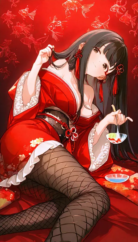 High Quality,1girl,solo, almic ,(Nukumi Yoshiki,Girls Art,:0.75),(cute:0.7),  ,black hair,long hair,straight hair,Dark Brown Eyes,Red Tassel Hair Ornament,Red Tassels on Side Locks,red eyeliner,(Close:0.8),(Perky breasts:0.9),goldfish scoop background, Fes...