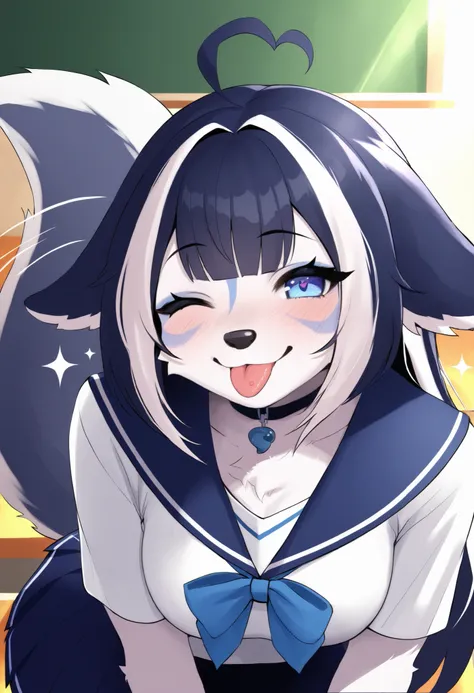 masterpiece, best quality, ultra-detailed, absurdres, 1girl, shylily \(vshojo\), (furry:1.1), (dog girl:1.2), (tongue out:1.3), :p, playful expression, winking, (serafuku:1.2), sailor collar, pleated skirt, (fluffy dog ears:1.1), (fluffy wagging tail:1.1),...