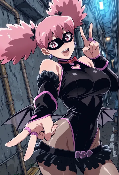 masterpiece, best quality, amazing quality, aesthetic, absurdres, best quality, Kazuho, 1girl, pink hair, solo, wings, earrings, jewelry, mask, twintails, leotard, skirt, pink eyes, bridal gauntlets, gloves, upscale, street alley, pose, foreshortening, v, ...