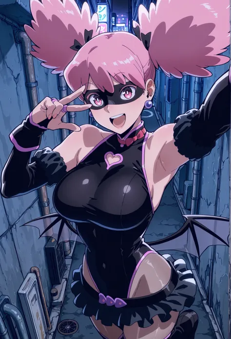 masterpiece, best quality, amazing quality, aesthetic, absurdres, best quality, Kazuho, 1girl, pink hair, solo, wings, earrings, jewelry, mask, twintails, leotard, skirt, pink eyes, bridal gauntlets, gloves, upscale, street alley, pose, foreshortening, v, ...