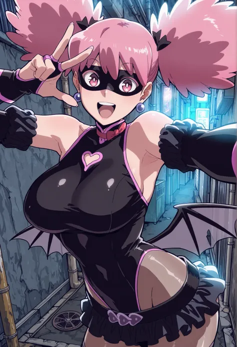 masterpiece, best quality, amazing quality, aesthetic, absurdres, best quality, Kazuho, 1girl, pink hair, solo, wings, earrings, jewelry, mask, twintails, leotard, skirt, pink eyes, bridal gauntlets, gloves, upscale, street alley, pose, foreshortening, v, ...