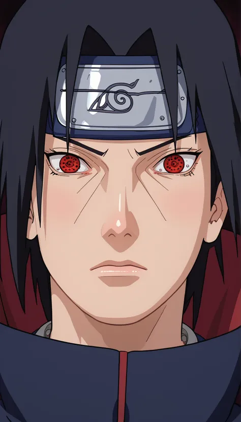 1 male, Itachi Uchiha (Naruto),  black hair in military uniform, filter, masterpiece, Face focus, Red light from the eyes,  dark background, Ninja costume,