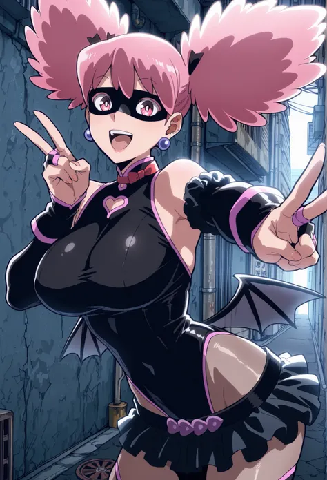 masterpiece, best quality, amazing quality, aesthetic, absurdres, best quality, Kazuho, 1girl, pink hair, solo, wings, earrings, jewelry, mask, twintails, leotard, skirt, pink eyes, bridal gauntlets, gloves, upscale, street alley, pose, foreshortening, v, ...