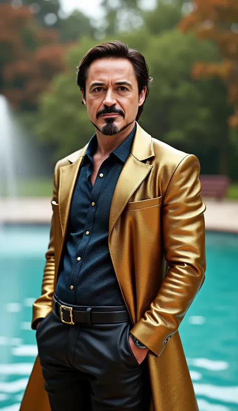 ROBERT DOWNEY JR com um smoking dourado e azul, upper body in a hyper realistic park with a fountain and lake with light blue water and shiny upper body in 8k