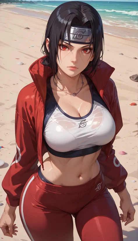 (score_9_up, score_8_up, score_7_up, score_6_up:1.2), (rating_questionable:1.2),  uchiwa5, black hair, forehead protector, red eyes, sharingan, sportswear, outdoors, sand, beach, (1girl), solo, large breasts, wide curvy hips