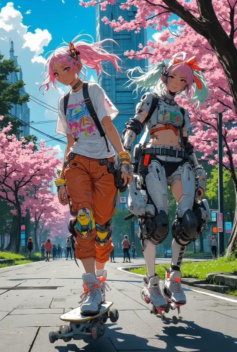 A very cheerful and kawaii Japanese girl (13-) in a bright Harajuku style is having fun skateboarding in a summer park, holding hands with her robot friend. Her look is bold and trendy: pink or multicolored dreadlocks/tails, neon accessories (large clips, ...