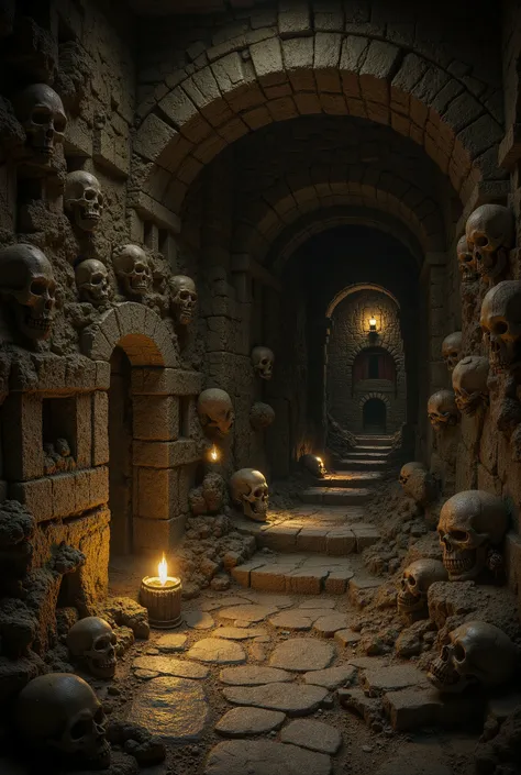 cave corridor with torch lighting and several skulls on the wall.