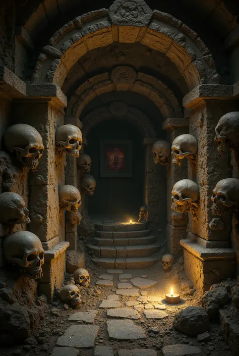 cave corridor with torch lighting and several skulls on the wall.