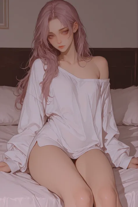 A male femboy, slim body , long hair , wearing long-sleeved shirt ,off shoulder, soft slim thighs, sitting on the bed