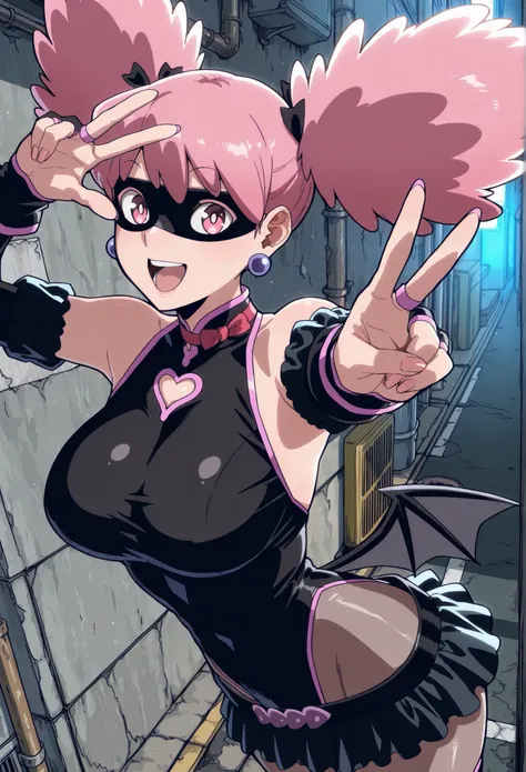 masterpiece, best quality, amazing quality, aesthetic, absurdres, best quality, Kazuho, 1girl, pink hair, solo, wings, earrings, jewelry, mask, twintails, leotard, skirt, pink eyes, bridal gauntlets, gloves, upscale, street alley, pose, foreshortening, v, ...