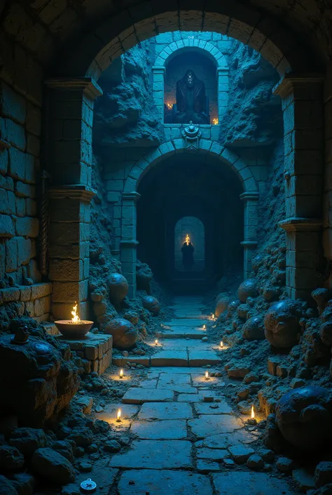 corridor inside the earth, a dungeon with blue lighting with blue flames and various macabre paraphernalia. Unholy hideout.