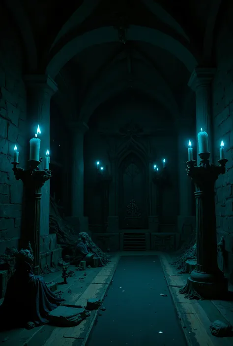 corridor inside the earth, a dungeon with blue lighting with blue flames and various macabre paraphernalia. Unholy hideout.