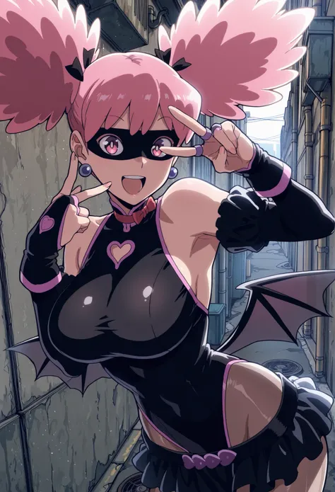 masterpiece, best quality, amazing quality, aesthetic, absurdres, best quality, Kazuho, 1girl, pink hair, solo, wings, earrings, jewelry, mask, twintails, leotard, skirt, pink eyes, bridal gauntlets, gloves, upscale, street alley, pose, foreshortening, v, ...