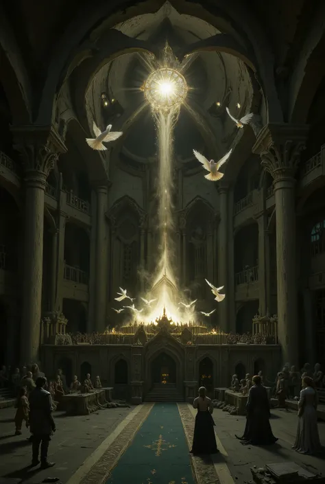 an rpg group inside the final boss room facing a celestial bishop flying in the center of the room with a magic barrier around him and white doves flying.