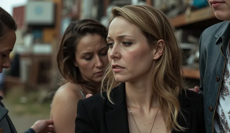 une femme blanche caucasienne de 30 ans, , dans une déchetterie avec d'autres femmes. l'une des femmes lui touche les seins