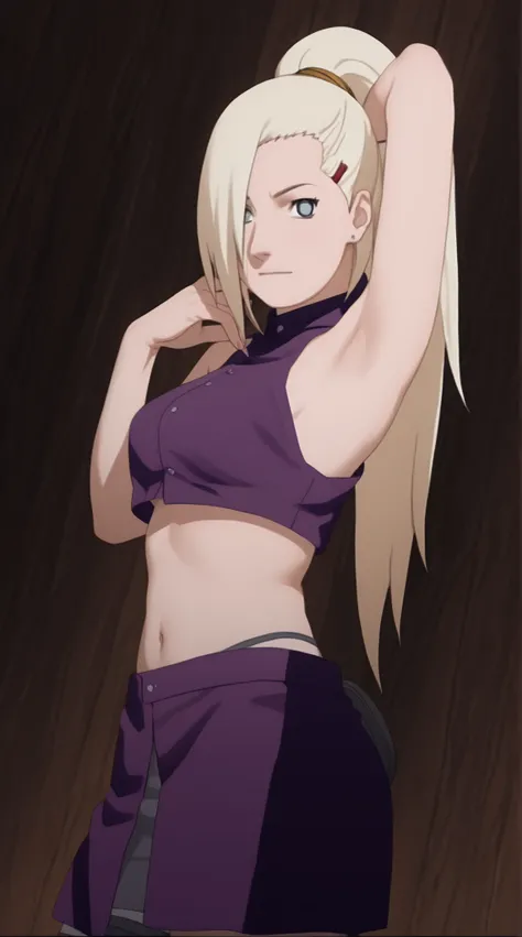 a close up of a woman in a purple top and skirt posing for picture, realistic shaded perfect body, purple outfit, ino yamanaka from boruto, ino yamanaka, armpit, seductive gaze, anime rendered 2d, anime style, realistic shaded, realiztic anime 2 d