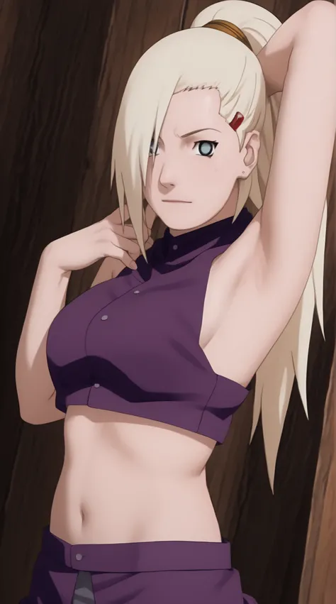 a close up of a woman in a purple top and skirt posing for picture, realistic shaded body, purple outfit, ino yamanaka from boruto, ino yamanaka, armpit, seductive gaze, anime rendered 2d, anime style, realistic shaded, realiztic anime 2 d