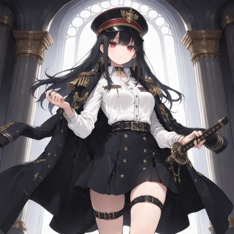 ((best quality)), ((masterpieces)), (detailed), Perfect face, SOLO, ((1 girl)), ANIME, beautiful detailed eyes, long hair, long straight hair, black hair, RED EYES, BARE thighs, (((BARE LEG))), ((A tight short black skirt)), (((dress shirt))), ((Medium Bre...