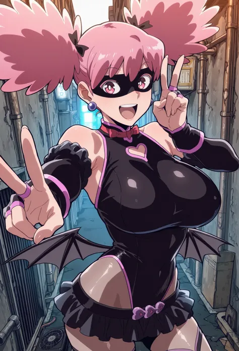 masterpiece, best quality, amazing quality, aesthetic, absurdres, best quality, Kazuho, 1girl, pink hair, solo, wings, earrings, jewelry, mask, twintails, leotard, skirt, pink eyes, bridal gauntlets, gloves, upscale, street alley, pose, foreshortening, v, ...
