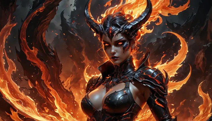 A stunning, ultra-high-definition artwork of a succubus in infernal style. The scene is rendered in 8K UHD resolution with absurd detail and cinematic lighting. The succubus features intricate, glowing flaming elements, her expression both seductive and po...