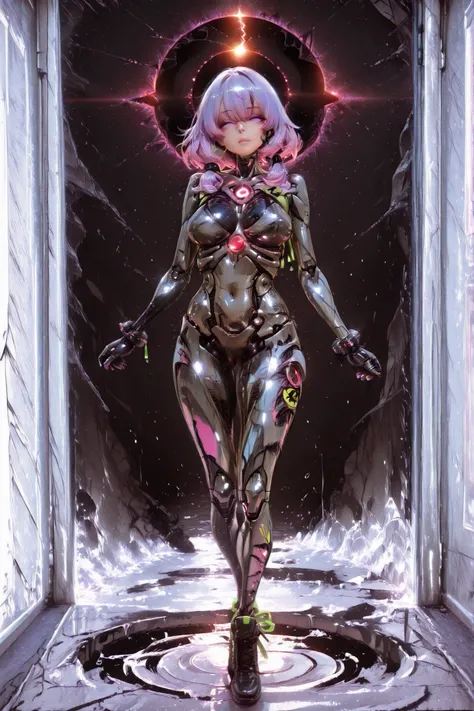 lolly girl, Cyborg , anime image, detailed drawing, amazing quality, HDR,UHD,careful detail,professional photography,bright rich colors,deep sharpness,sharp focus,photorealistic text, full length view, black hole in the background, костюм Cyborgа