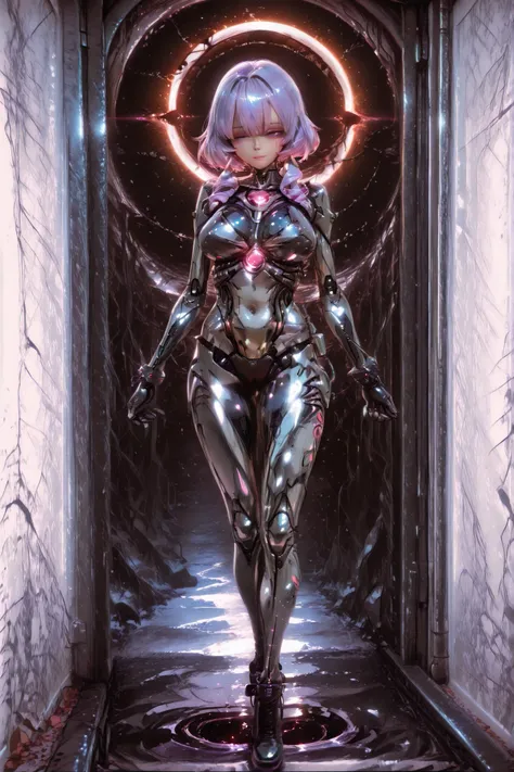 lolly girl, Cyborg , anime image, detailed drawing, amazing quality, HDR,UHD,careful detail,professional photography,bright rich colors,deep sharpness,sharp focus,photorealistic text, full length view, black hole in the background, костюм Cyborgа