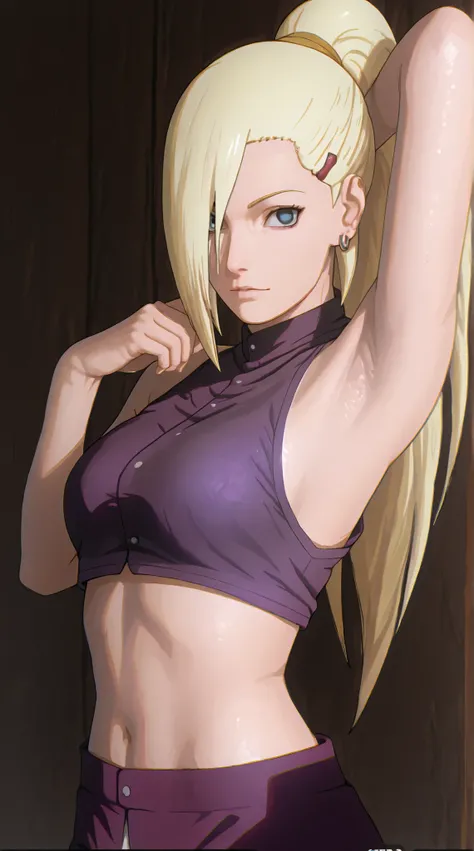 there is a woman in a purple top posing for a picture, rendered in sfm, sfm render, ino yamanaka from boruto, ino, ino yamanaka, realistic shaded perfect body, 2 d anime girl, realistic shaded, armpit, looking at the viewer ith seductive gaze, anime render...