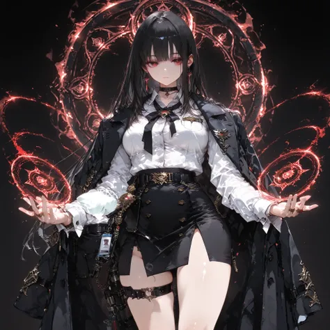 ((best quality)), ((masterpieces)), (detailed), Perfect face, SOLO, ((1 girl)), ANIME, beautiful detailed eyes, long hair, long straight hair, black hair, RED EYES, BARE thighs, (((BARE LEG))), ((black office skirt)), (((dress shirt))), ((Medium Breasts)),...