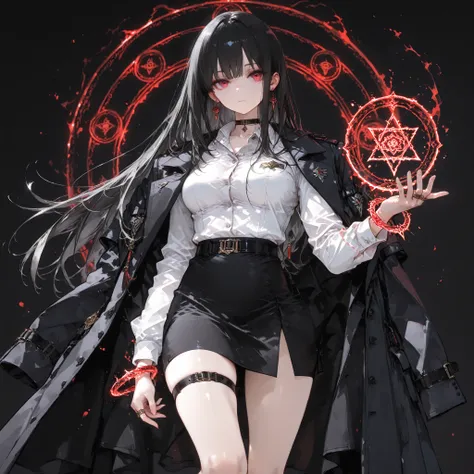 ((best quality)), ((masterpieces)), (detailed), Perfect face, SOLO, ((1 girl)), ANIME, beautiful detailed eyes, long hair, long straight hair, black hair, RED EYES, BARE thighs, (((BARE LEG))), ((black office skirt)), (((dress shirt))), ((Medium Breasts)),...
