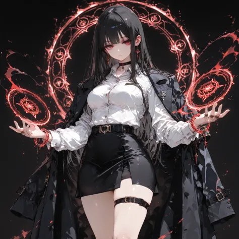 ((best quality)), ((masterpieces)), (detailed), Perfect face, SOLO, ((1 girl)), ANIME, beautiful detailed eyes, long hair, long straight hair, black hair, RED EYES, BARE thighs, (((BARE LEG))), ((black office skirt)), (((dress shirt))), ((Medium Breasts)),...
