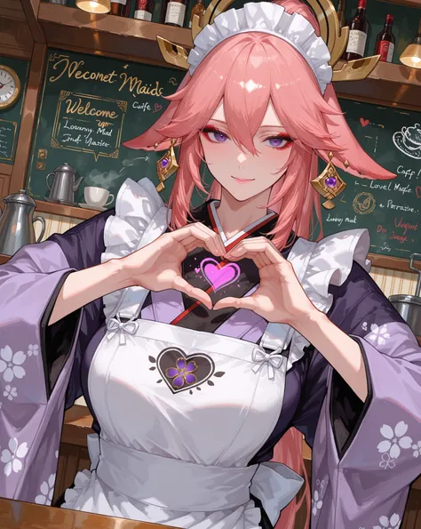 1girl, perfect anatomy, masterpiece, best quality, very aesthetic, ultra-detailed, best illustration, unity 8k wallpaper,  100-layer, intricate, overall detail,  maid cafe,  (jiraikei makeup),  ((jiraikei kimono)), lovely maids, Welcome back master, perfect mature body, heart hands, elegant, cute, Japan maids, dynamic angle / intense angle, with two people heart hands, chignon, {{{{ponytail}}}},yae miko, purple eyes,gravure pose, dynamic angle / intense angle,