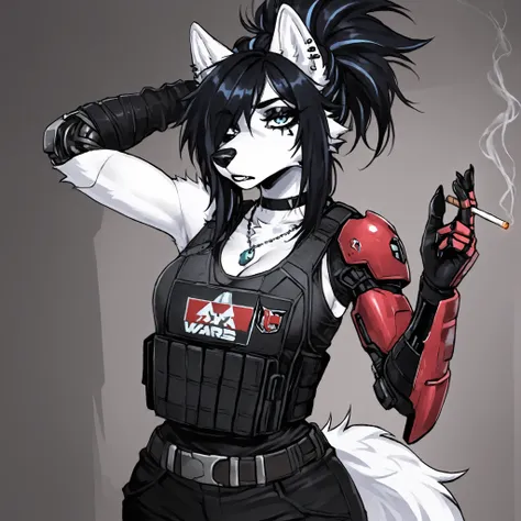 Emo Hairstyle,Source_furry,  (((1girl))), furry, anthro, white fur wolf, star wars, bounty hunter, cleavage, long black messy spiky black hair, blue eyes, bulletproof vest, black eye shadow, black eyeliner, tall, curvy body, athletic build, sliver robot le...