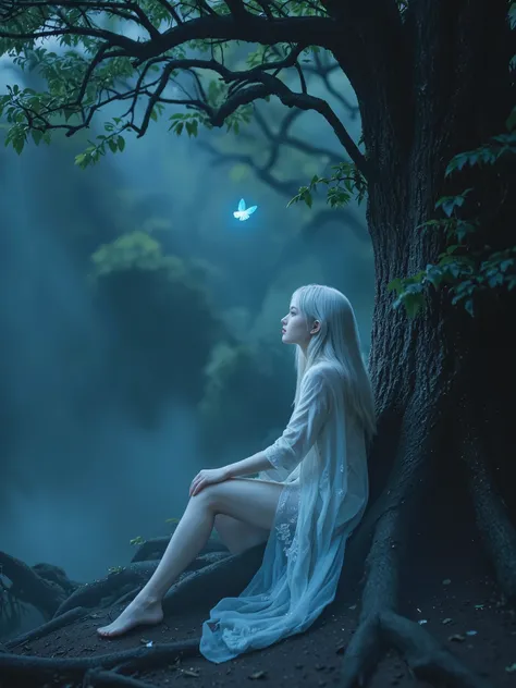 A young girl with long silver hair sits leaning against the root of a massive oak tree in a dense forest filled with swirling fog. She wears only a sheer, translucent cape over bare skin, adorned with luminescent blue jewelry that emits a soft glow. A blue...