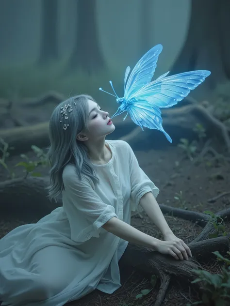 detailed hands, exquisite digital illustration, fantasy, the spirit of a woman sitting leaning against the root of a large tree in the depths of a foggy, mysterious forest, Silver Hair, Blue glowing accessories, Wearing only an extremely thin cape on her b...