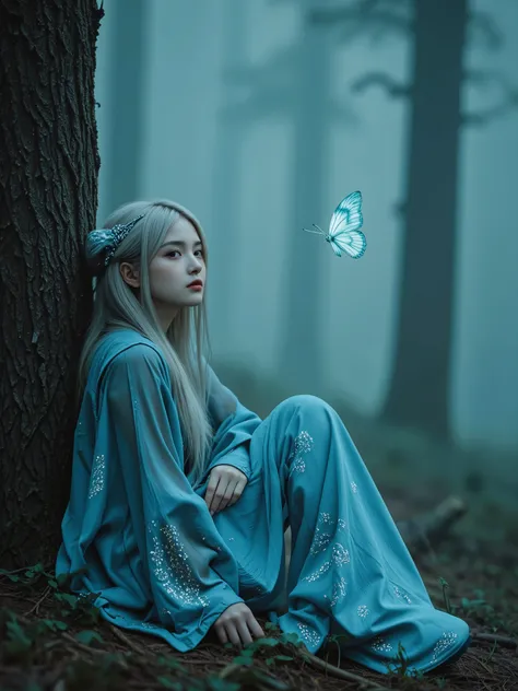 detailed hands, exquisite digital illustration, fantasy, the spirit of a woman sitting leaning against the root of a large tree in the depths of a foggy, mysterious forest, Silver Hair, Blue glowing accessories, Wearing only an ultra-thin cape, Blue butter...