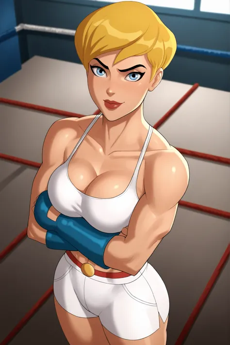 BREAK, score_8_up, score_7_up, score_6_up, score_9, PowerGirlPublicEnemies, 1girl, solo, blonde hair, large breasts, short hair, blue eyes, superhero, lipstick, makeup, lips, dark skin, cleavage, curvy, athletic, looking at viewer, smiling, closed mouth, d...