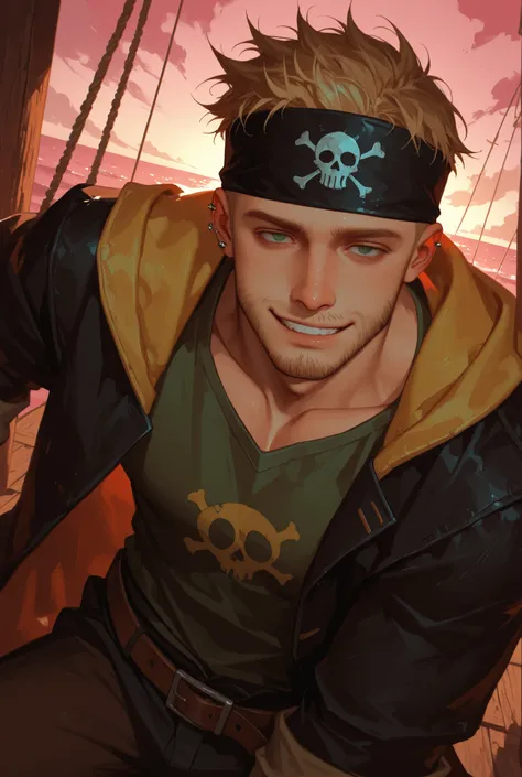 1boy(male focus), masterpiece, high res, textured style, best quality, absurdres, masculine, very handsome, Jesse Pinkman, muscular, semirealism, stubble, blond buzzcut, smirk, pirate, scruffy, pirate clothes, pirate headband, dynamic pose, piercings, look...