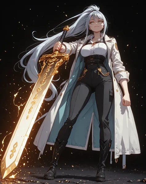 A young female character, black background, with the same height and body type as Alisa Mikhailovna Kujou from Alya Sometimes Hides Her Feelings in Russian. She has silver hair tied in a long ponytail like Sylpha Langlis from Tensei Shitara Dai Nana Ōji, a...