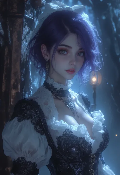 Valor deep dark purple short hair and brown eyed beautiful slavic happy gothic Woman with sign "SIN" on her neck with the white ribbons in her hair whitch wearing weavery milk whie colour wicked laced gown holding ornamental Laced hand ornamental wooden fr...