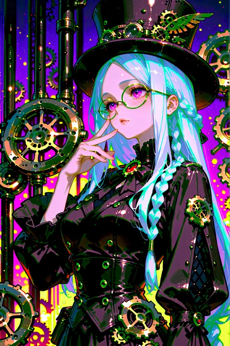 ((best quality)) , ((masterpiece)) , (detailed) , perfect face , A steampunk world. A girl with white braids and glasses. A world built with steam engines and gears. Her left hand rests on the edge of her glasses. She holds a dictionary with her right hand...