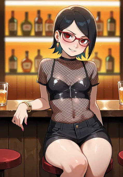 1girl,uchiha sarada, naruto \(series\), gyaru cosplay, smirk, blush, bracelets, earrings, fishnet top, naturally sagging ,sitting in a bar, sexy pose, depth of field, alluring atmosphere, cinematic lighting, masterpiece,top quality,warm color,high resoluti...