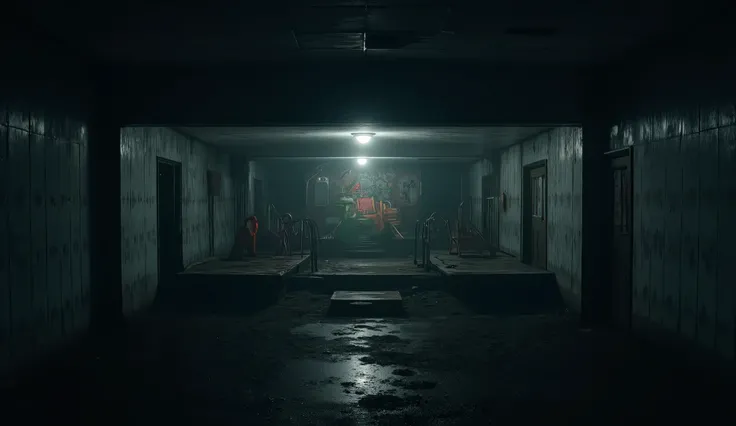 A dark Amusement Park in a basement, lonely, surreal, liminal, hyper realistic, high detail, masterpiece.