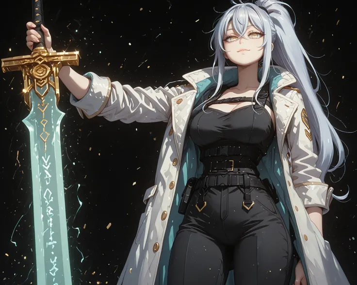 A young female character, black background, with the same height and body type as Alisa Mikhailovna Kujou from Alya Sometimes Hides Her Feelings in Russian. She has silver hair tied in a long ponytail like Sylpha Langlis from Tensei Shitara Dai Nana Ōji, a...