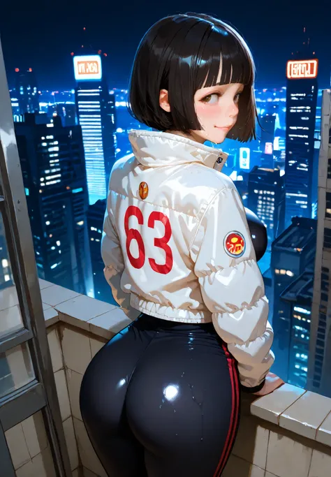 1girl, standing, from behind, looking back,
BREAK girl, 22yo, short hair, bob cut, ear, (blunt bangs), black hair, (tareme:1.2), detailed cute brown eyes, curled eyelashes, (large breasts:0.8),
beautiful detailed eyes, beautiful face,
down jacket, sweat ...