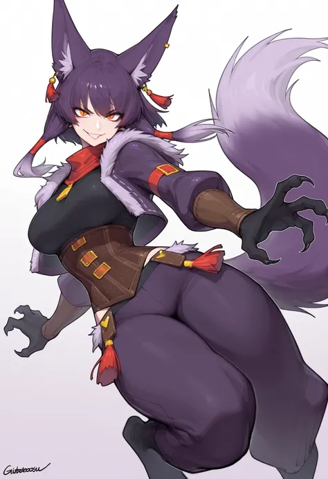 gorgeous kitsune girl, beautiful face, playful pose, kitsune, white purple gradient hair, fur covered body, short fur on body, claws, hunter girl, orange eyes, red slit pupils, personalami style, volputrous body, big breasts, slim and athletic, fox ears, s...