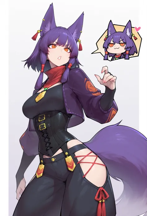 gorgeous kitsune girl, beautiful face, playful pose, kitsune, hair of purple gradient fading to red, hunter girl, orange eyes, red slit pupils, personalami style, volputrous body, big breasts, slim and athletic, fox ears, short hair, dark adventurer jacket...