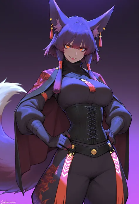 gorgeous kitsune girl, beautiful face, playful pose, kitsune, hair of purple gradient fading to red, hunter girl, orange eyes, red slit pupils, personalami style, volputrous body, big breasts, slim and athletic, fox ears, short hair, dark adventurer jacket...