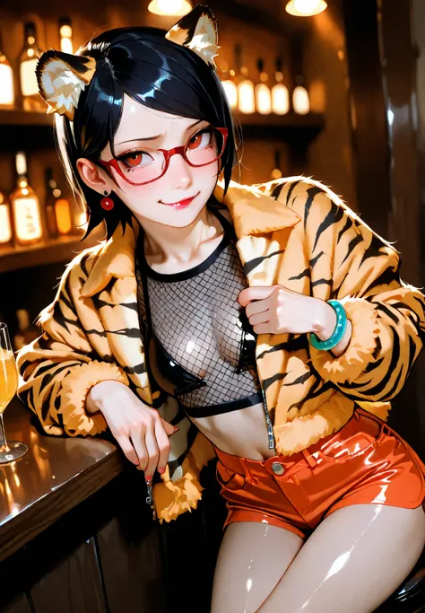 1girl,uchiha sarada, naruto \(series\), gyaru cosplay, glossy lipstick, shiny skin, tan, smirk, blush, bracelets, earrings, fishnet top, Tiger fur jacket, shorts,naturally sagging ,sitting in a bar, sexy pose, depth of field, alluring atmosphere, cinematic...