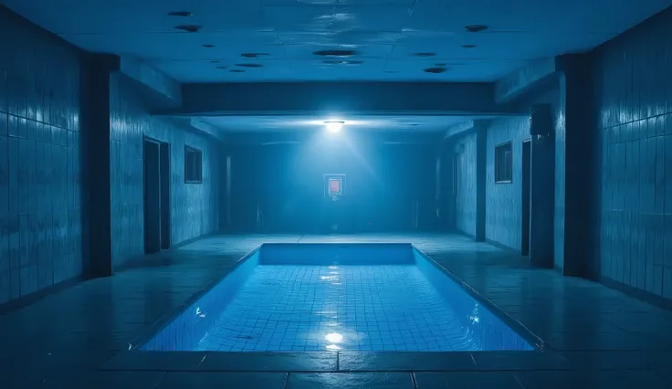 Swimming pool in the basement, ethereal lighting, surreal, liminal, hyper realistic, high detail, masterpiece.