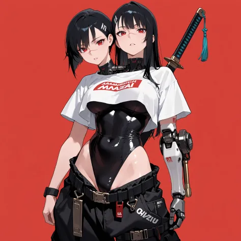 
conjoined, 2girls, 2heads, two heads, a tall thin girls with 2 heads, black hair, single sidelock, long hair, short hair, red eyes, scar on nose,, black leotard, black pants, baggy pants, pocket, mechanical leotard, white shirt, short sleeves leotard, cro...